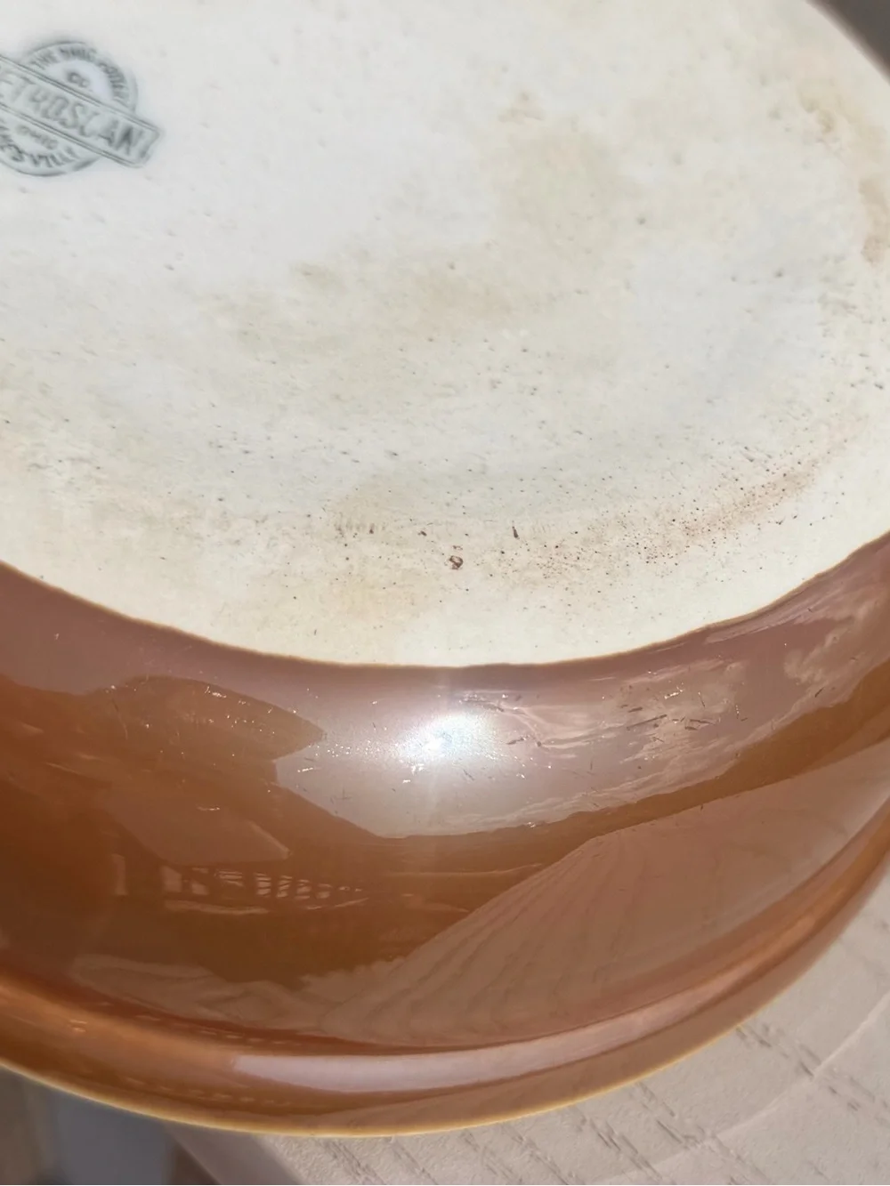 1922-23 Petroscan Ohio Pottery Co. Casserole/Lid, Iridescent Caramel Glaze 7.75”
